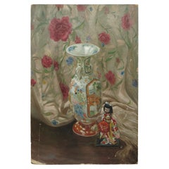 Antique CHINESE OIL PAiNTING OF A BEAUTIFUL VASE & GHASIA GIRL STATUE