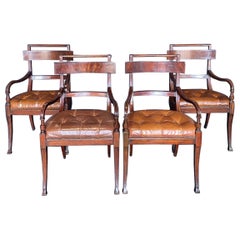 Set of Four Mid-Century Klismos Leather Tufted Arm Chairs
