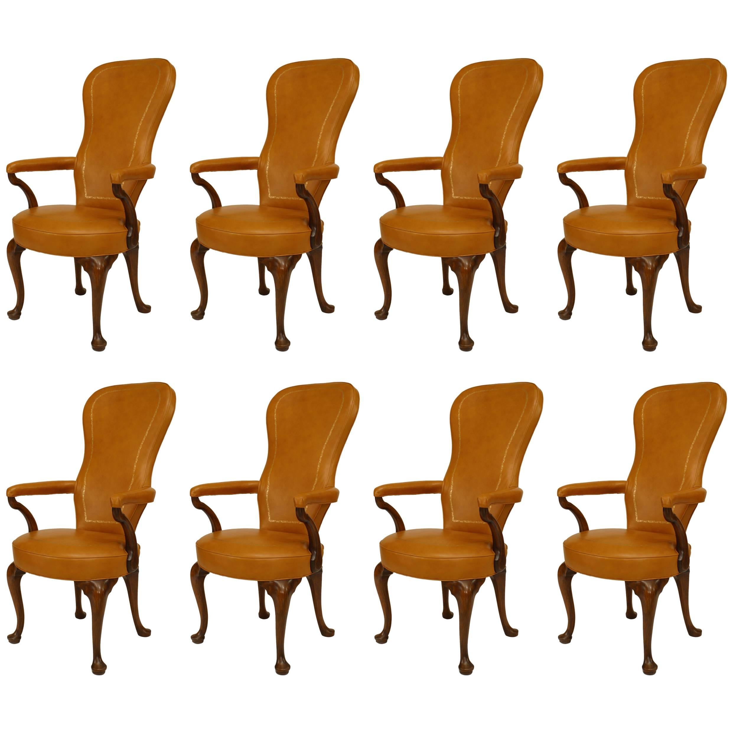 Set of 8 Queen Anne Style Leather High Back Arm Chair