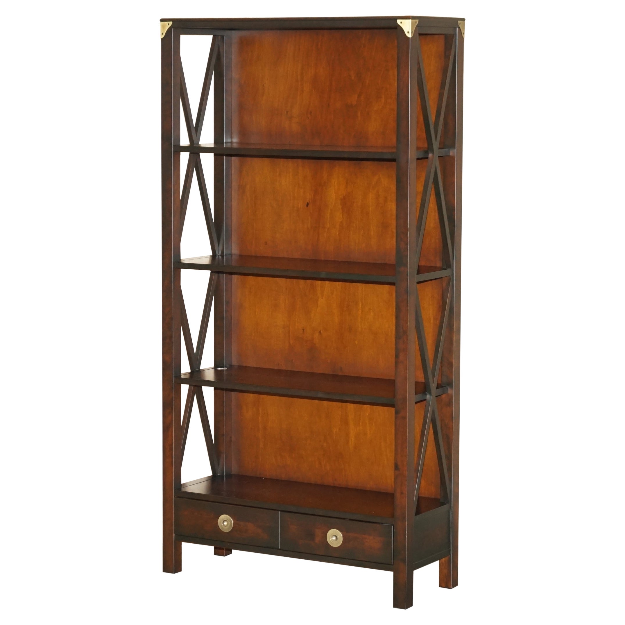 1 Of 2 Laura Ashley Hardwood and Brass Military Campaign Bookcases with Drawers For Sale