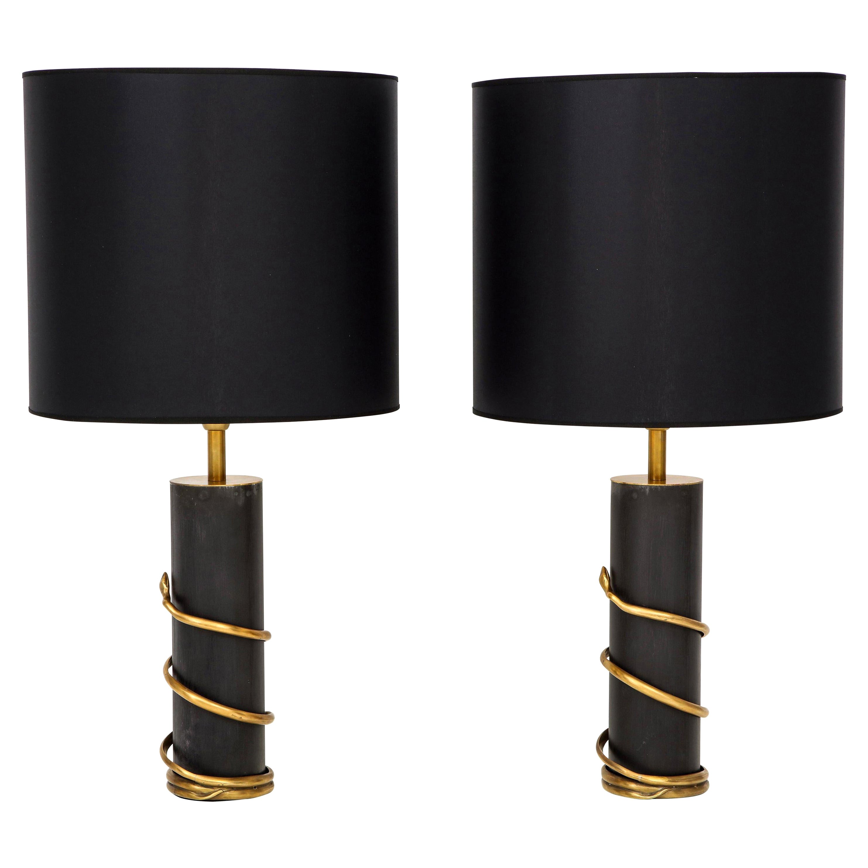 Pair of Rare Large Black Enameled Metal and Brass "Snake" Lamps, Italy For Sale