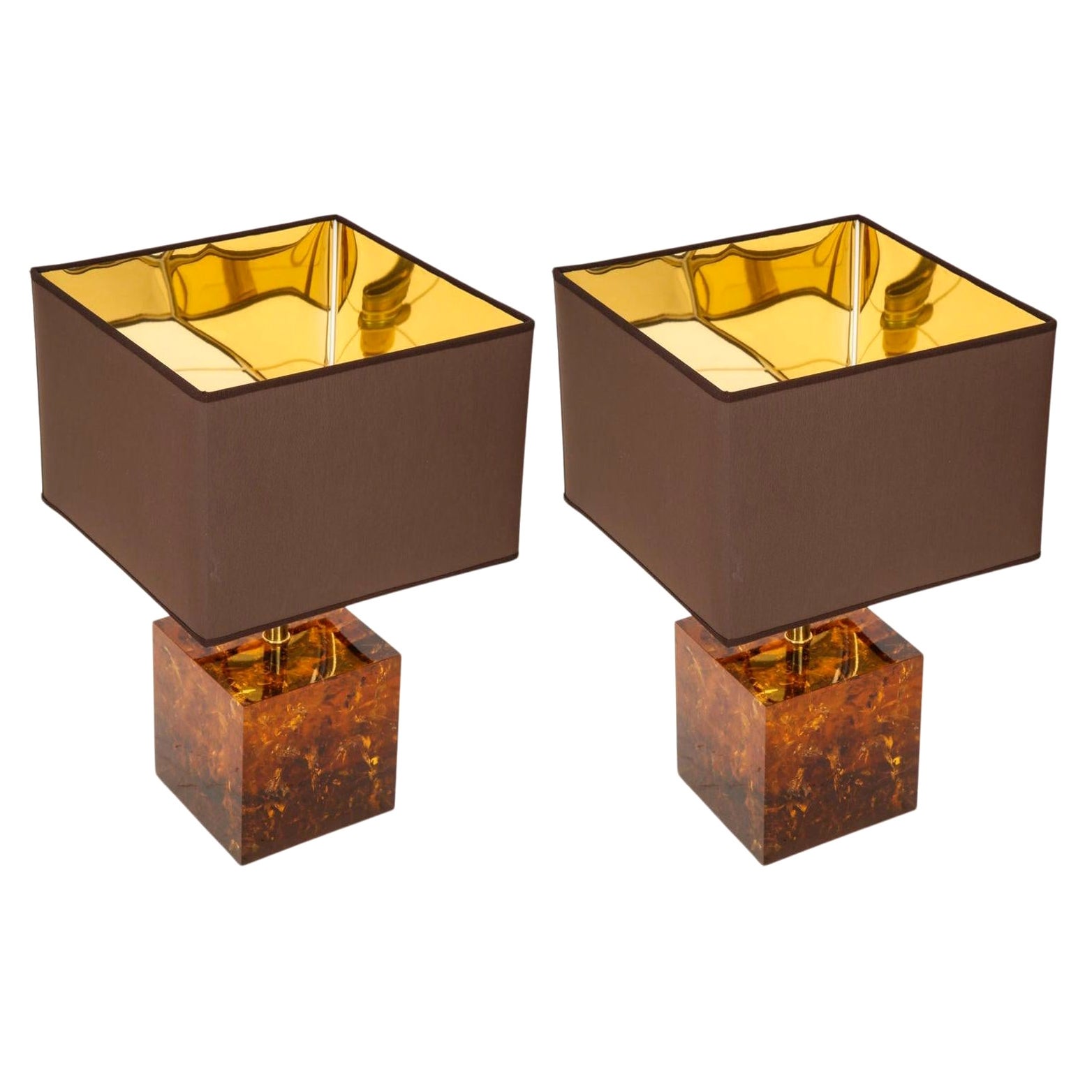 Pair of Handcrafted Tortoise Shell Style Cube Fractal Resin Bronze Lamps, Italy For Sale