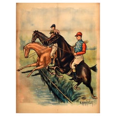 Original Antique Poster Horse Race Steeplechase Jockey Equestrian Sport Artwork