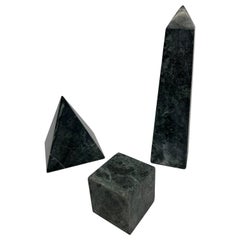 Trio of Green Marble Table Top Sculptures - Obelisk, Pyramid and Cube