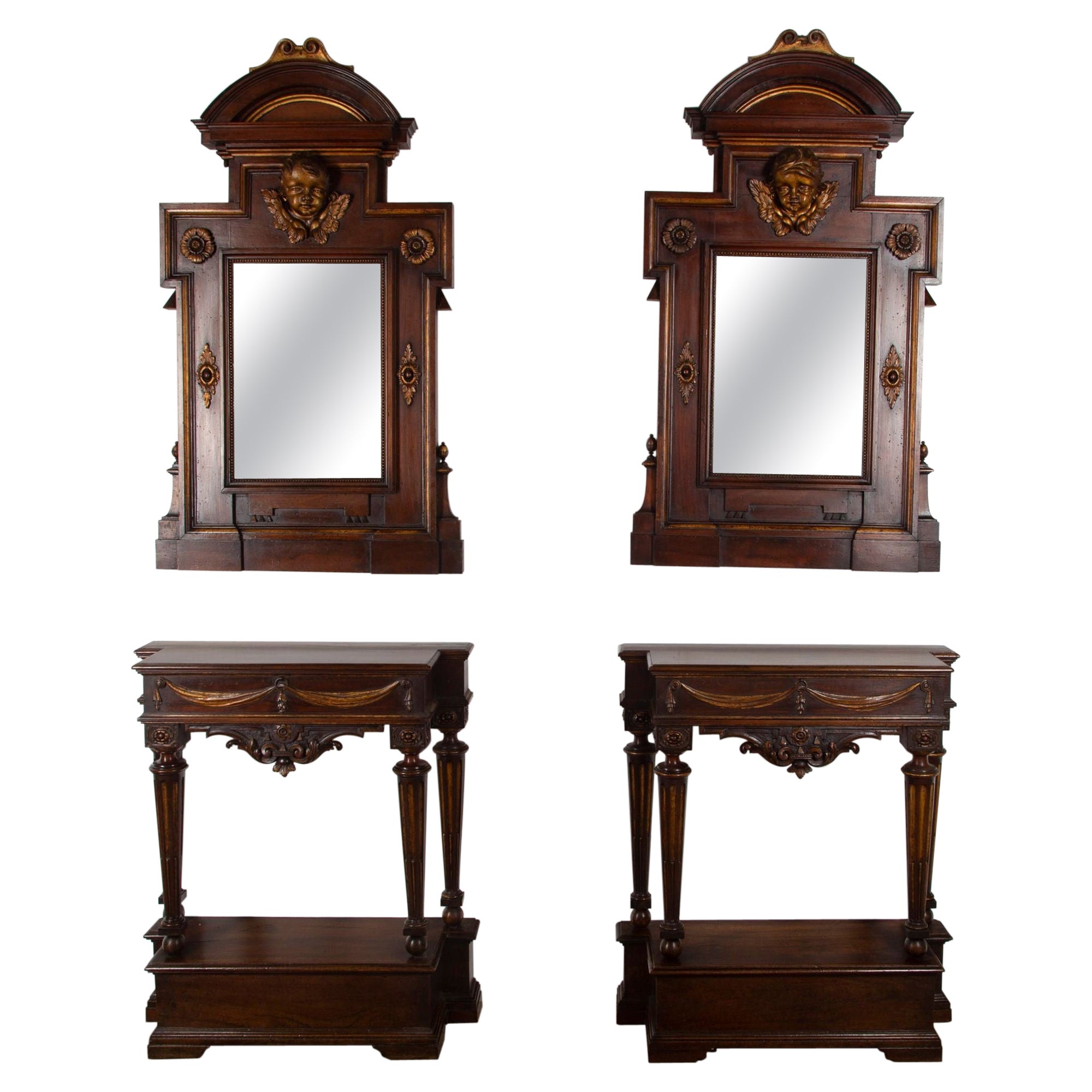 Pair of Italian Console Tables with Mirrors