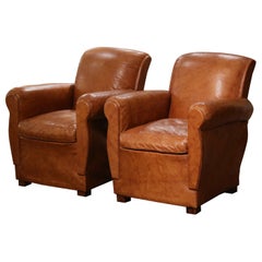 Pair of Vintage French Art Deco Patinated Tan Leather Club Armchairs