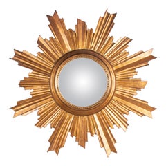 Mid-Century Modern Wooden Carved Convex Sunburst Mirror