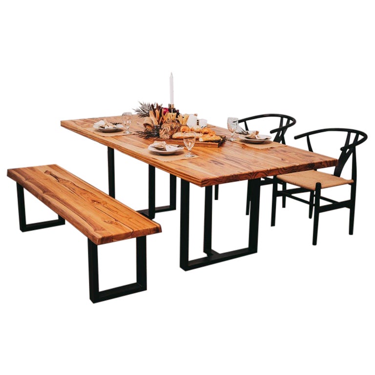 Solid Teak Natural Dining Table on Black Metal Legs For Sale at 1stDibs