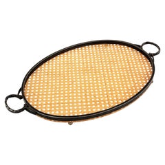 Christian Dior Style Oval Serving Tray in Rattan, Lucite & Metal