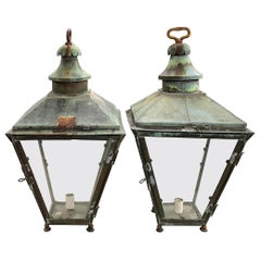 Antique Pair of English Street Lamps by Parkinson and W & B Cowan Ltd with Verdigris