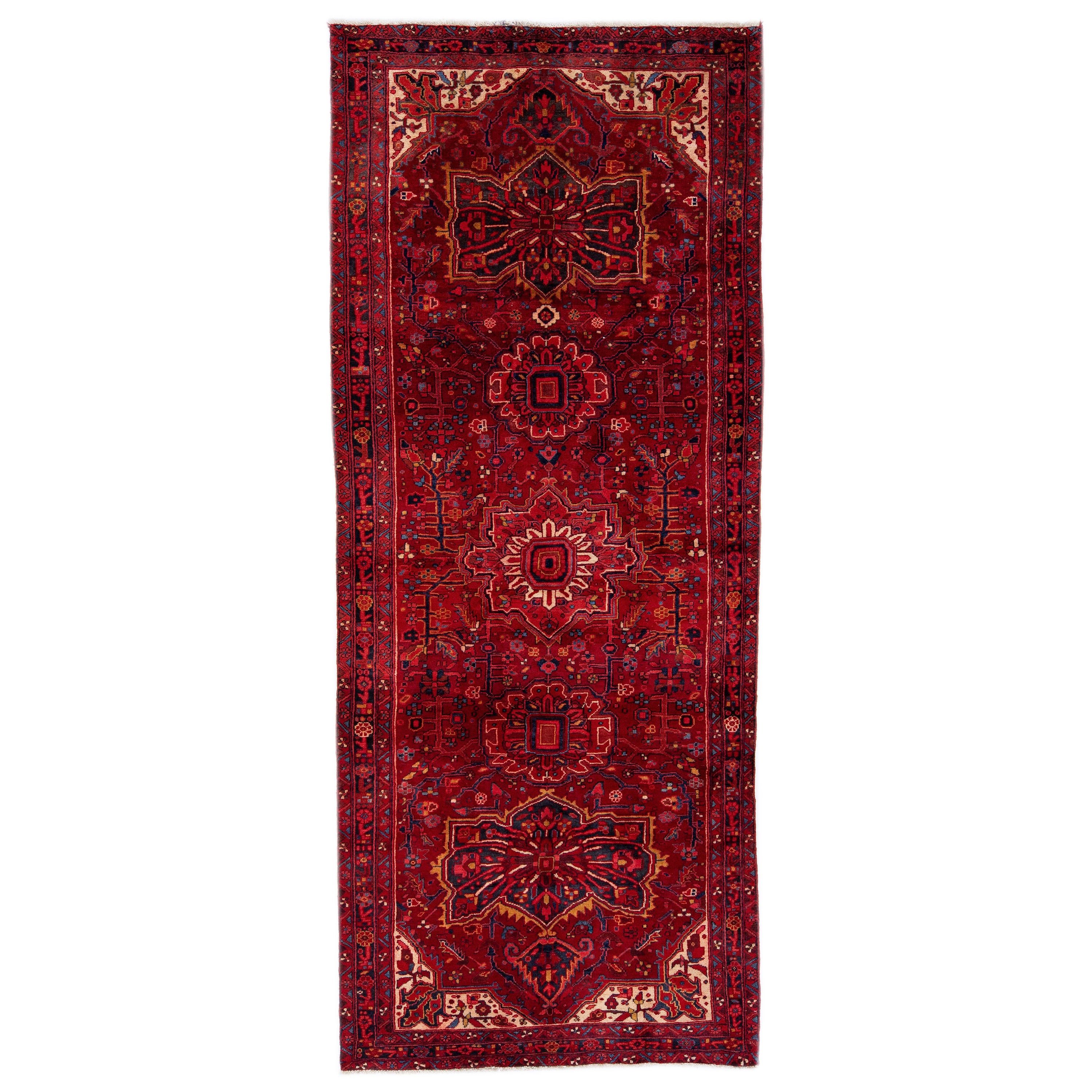 Antique Persian Heriz Red Handmade Wool Runner With Allover Pattern  For Sale