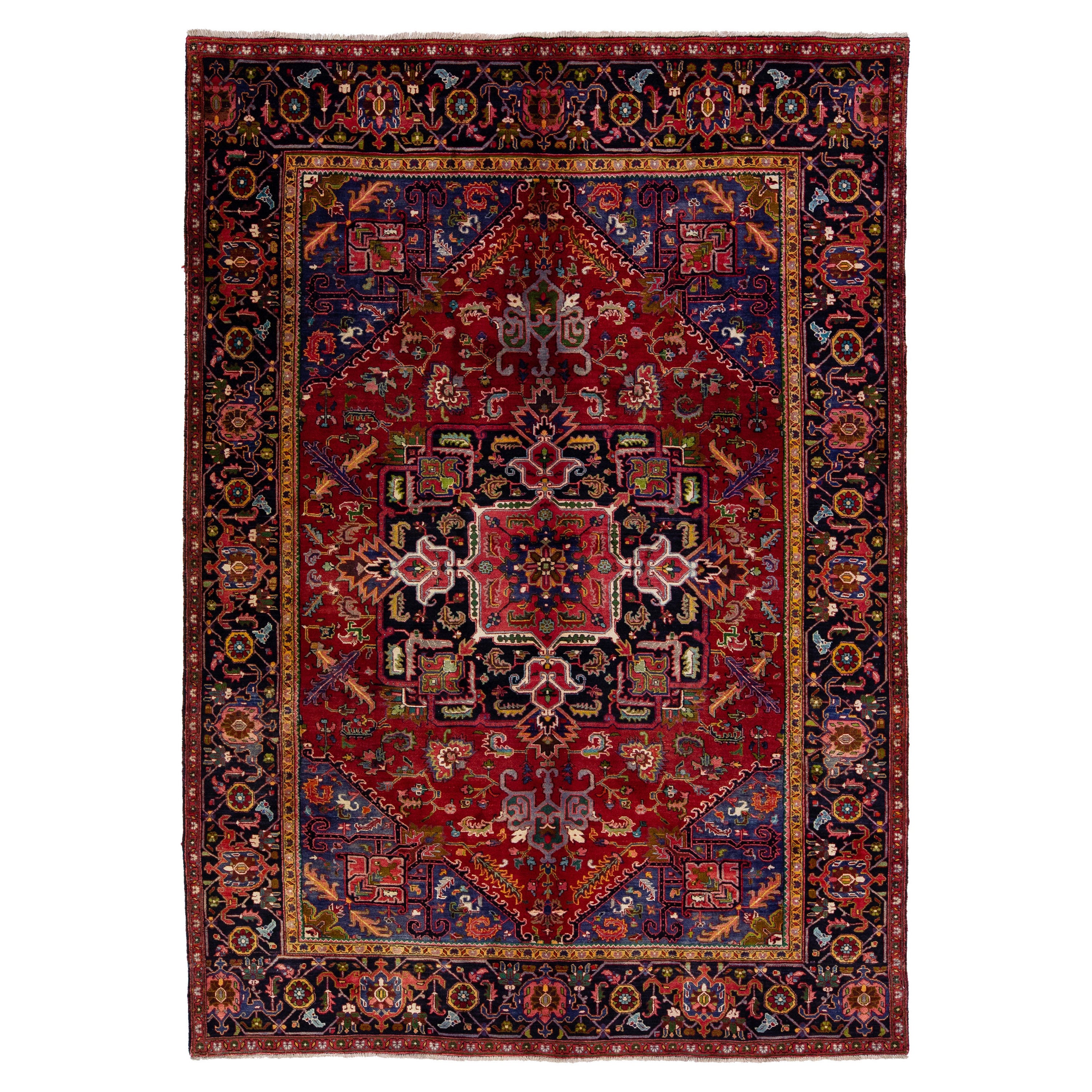 Red Antique Heriz Handmade Persian Wool Rug with Allover Multicolor Motif For Sale
