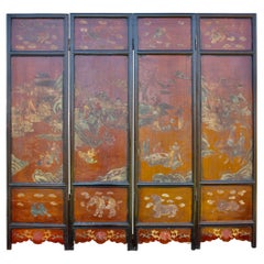 18th Century Chinese 4 Panel Coromandel Landscape and Figural Screen