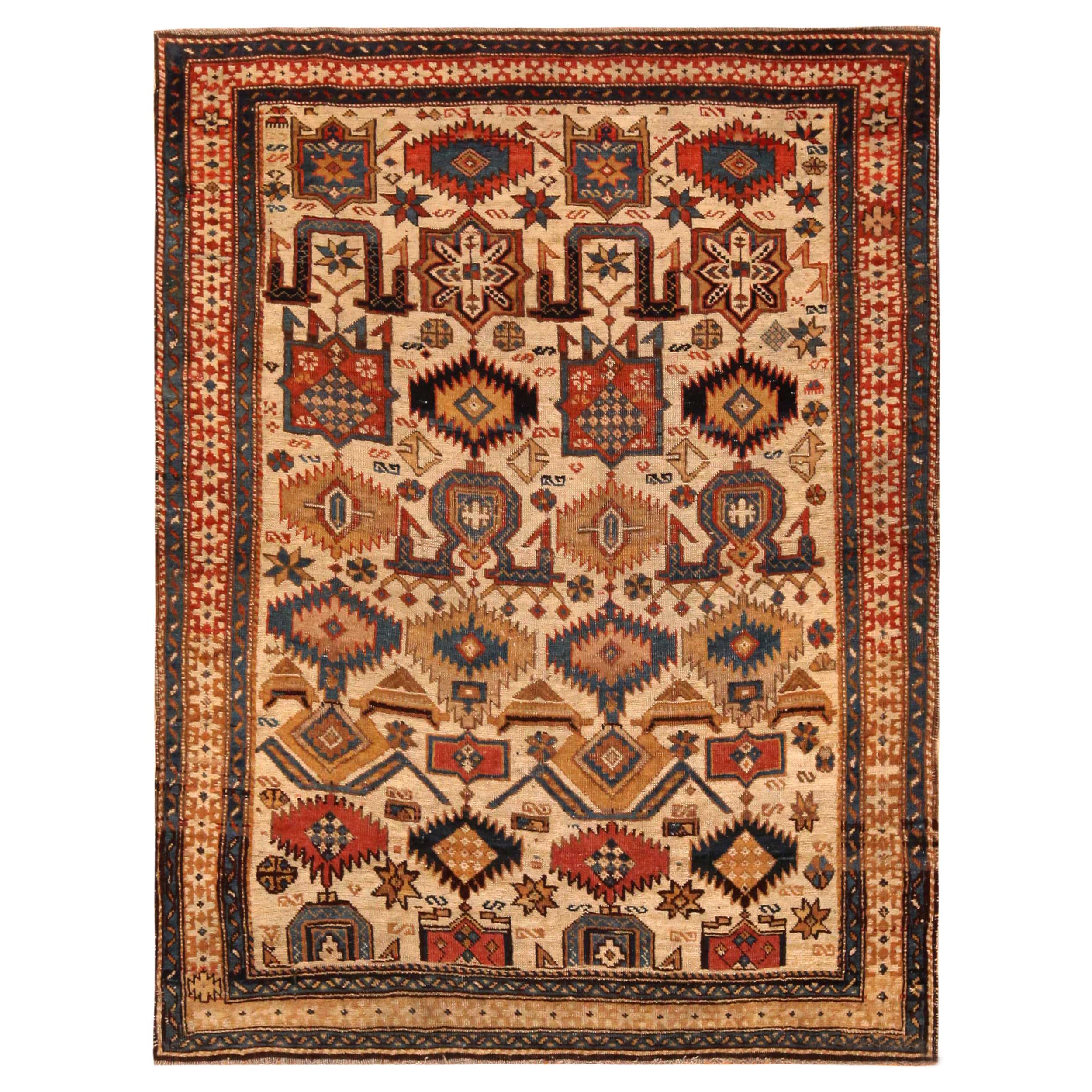 Nazmiyal Collection Ivory Antique Caucasian Kuba Rug. 3 ft 10 in x 5 ft