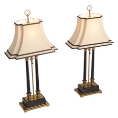 Vintage Empire Style Big Scale Brass & Ebonized Wood Rectangular Solid Brass Lamps Pair