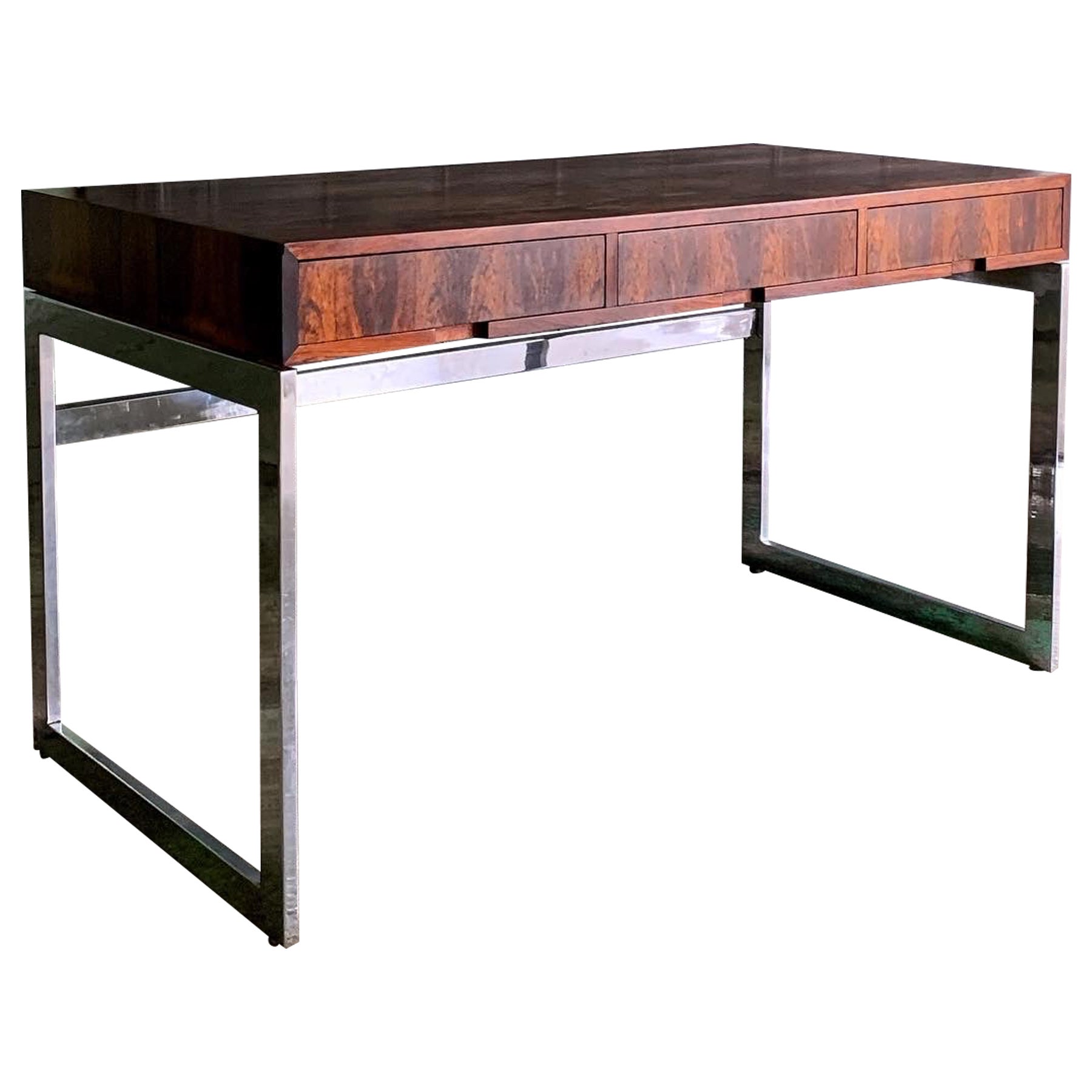 Minimalist Brazilian Rosewood and Chrome Desk in the style of Milo Baughman For Sale