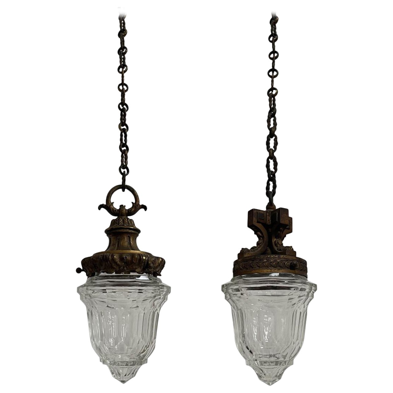 Pair Antique Edwardian Vintage Ornate Brass Cut Glass Ceiling Pendant Light Lamp For Sale