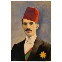 Turkish Portrait of Suited Man With Fez Watercolor Painting, Early 20th Century