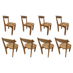 Set of Eight Minimalist Solid Oak Dining Room Chairs by Guillerme et Chambron