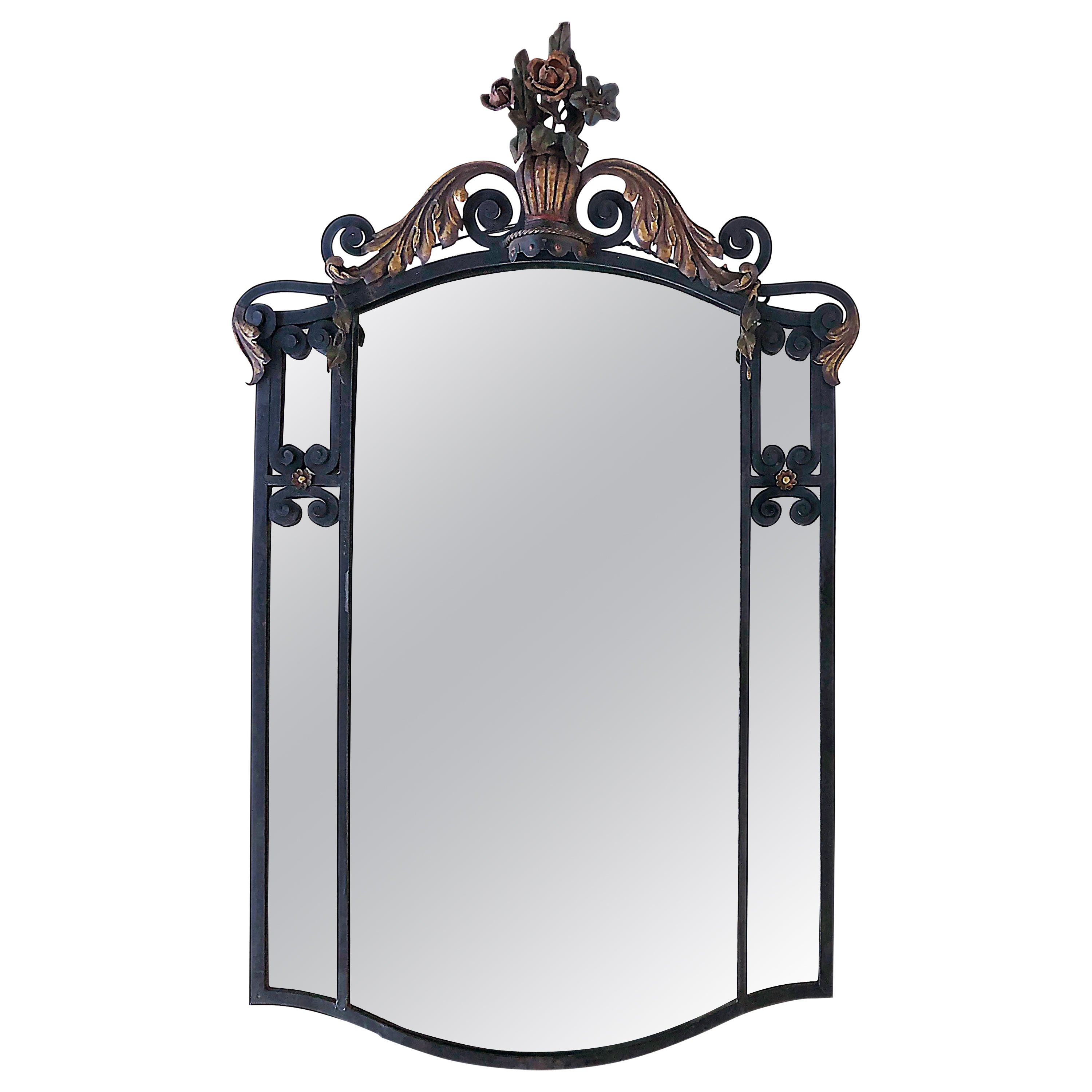 Vintage Polychrome Parcel Gilt Wrought Iron Wall Mirror, Floral Crest