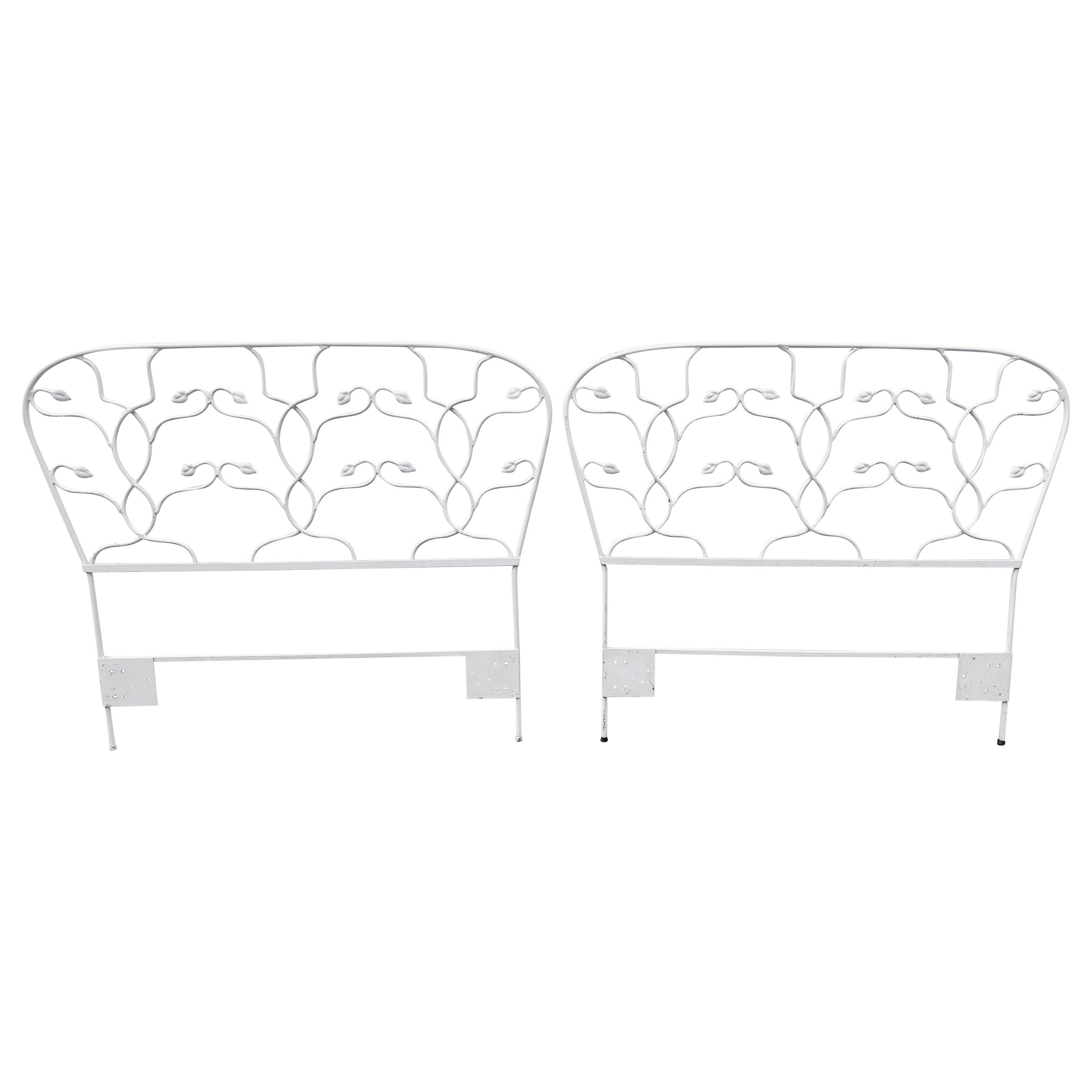Pair of White Floral Iron Twin Headboards Signed Salterini For Sale