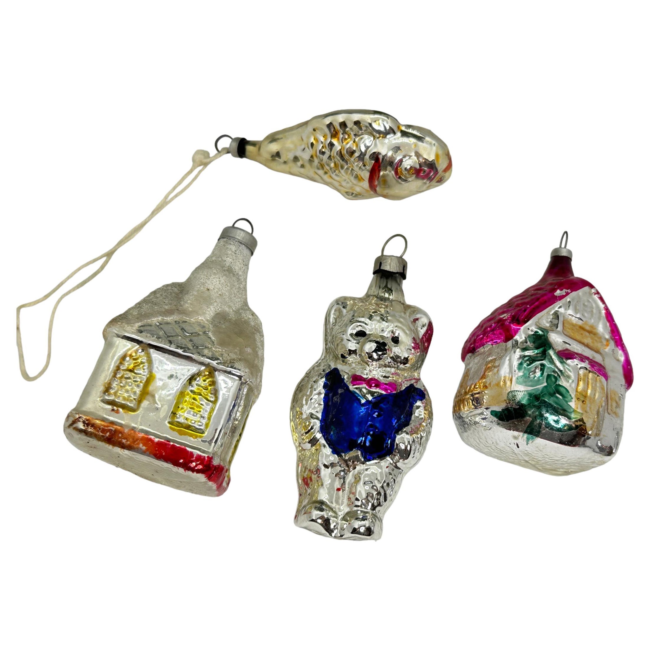Rare Set of Four House, Teddy Bear and Fish Christmas Ornament Vintage, 1930s For Sale