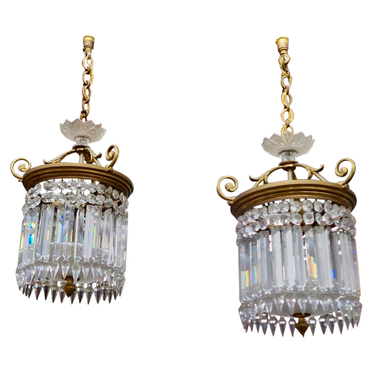 19th Century French Pair of Belle Époque Baccarat Crystal Crinoline Plafonniers