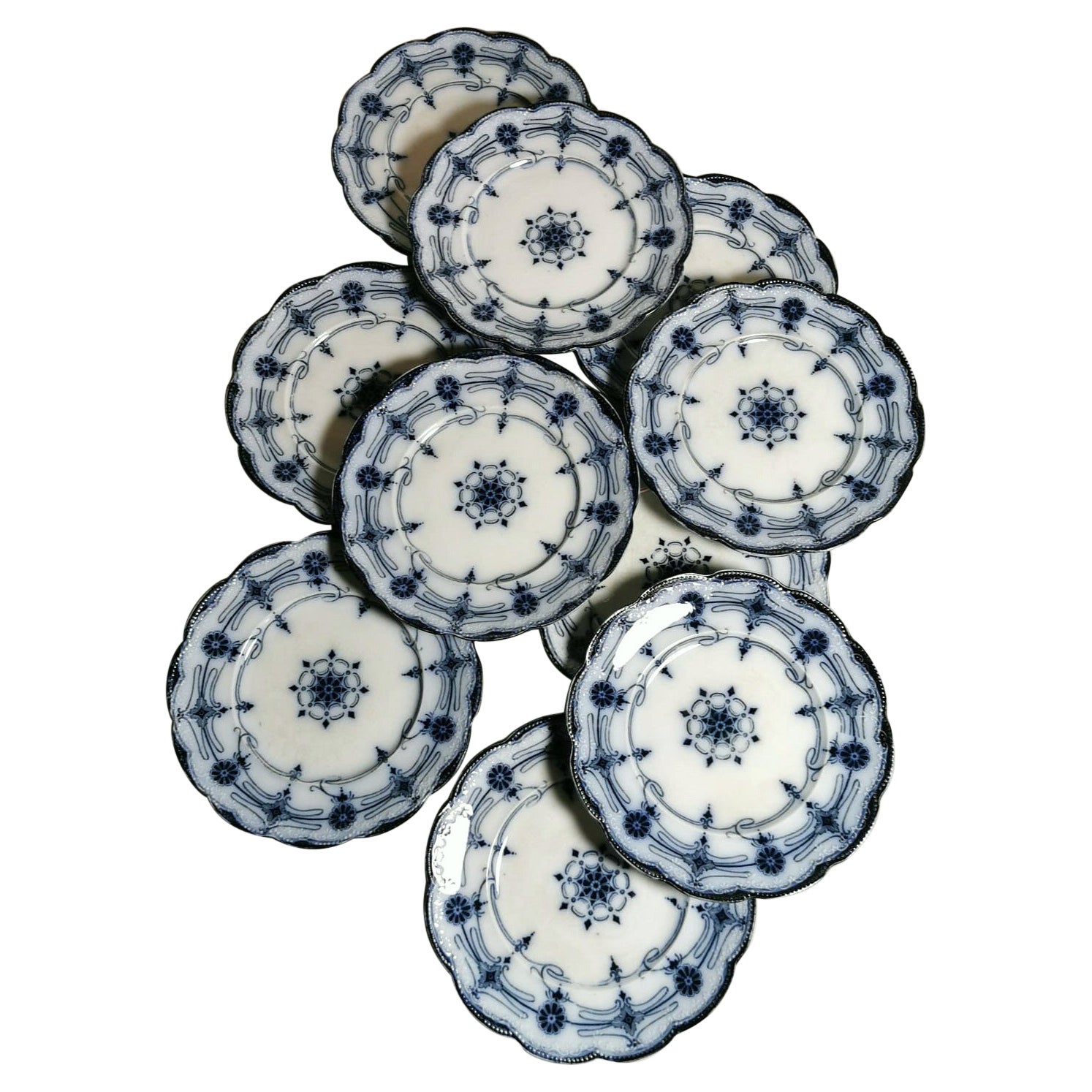 10 englische Dessertteller „Burleigh“ aus Wedgwood mit blauem Transferware-Dekor