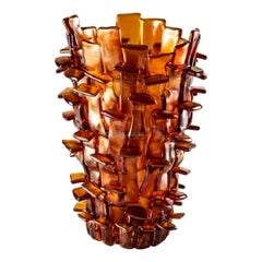 Ritagli-Vase aus geblasenem Glas in Bernstein/Lichtrosa von Fulvio Bianconi, 21. Jahrhundert