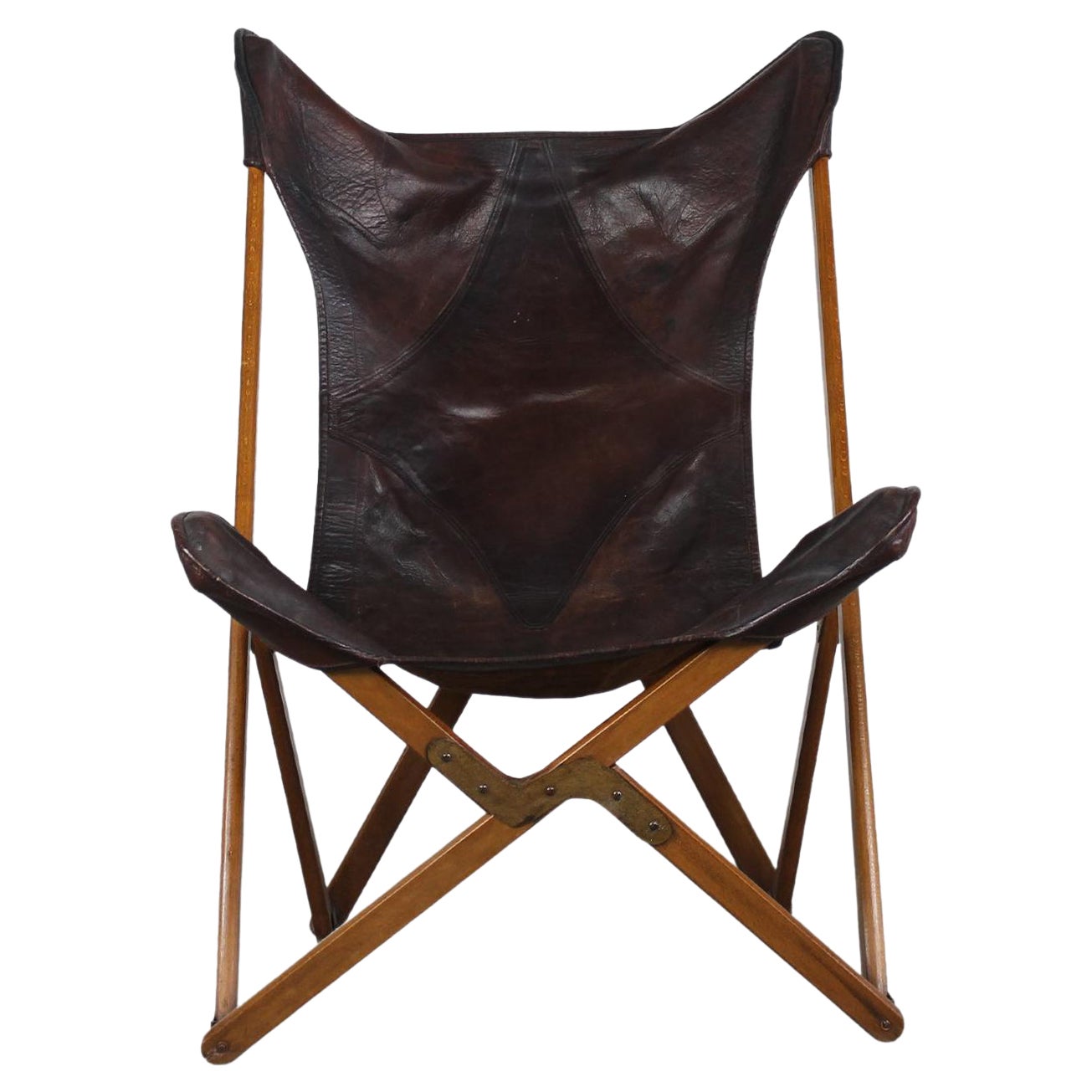 Tripolina Folding Chair in Wood and Leather by Paolo Vigano 1930s 