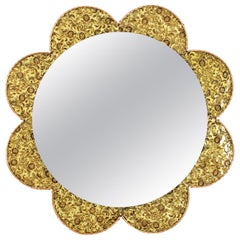 Flower Shaped Mirror with Mosaic Frame with Golden Glass Petals, Spain 1960