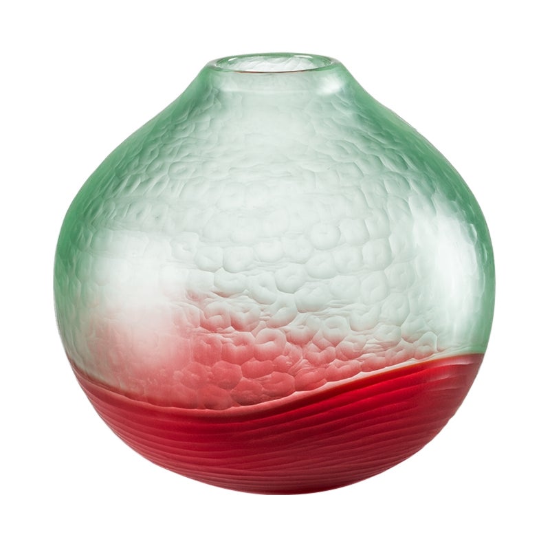 Battuto-Vase aus zweifarbigem Glas in Hellgrn/Rot von Carlo Scarpa, 21. Jahrhundert