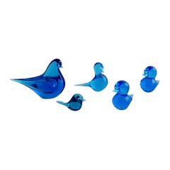 Ronneby, Sweden, Five Birds in Blue Mouth-Blown Art Glass, 1970s