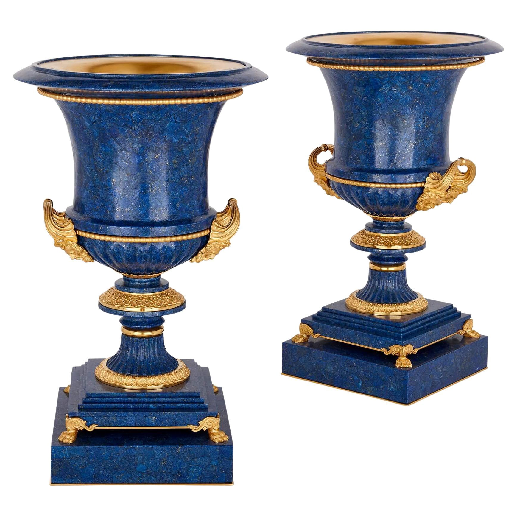Pair of Lapis Lazuli and Ormolu Mounted 'Medici' Vases After Galberg For Sale