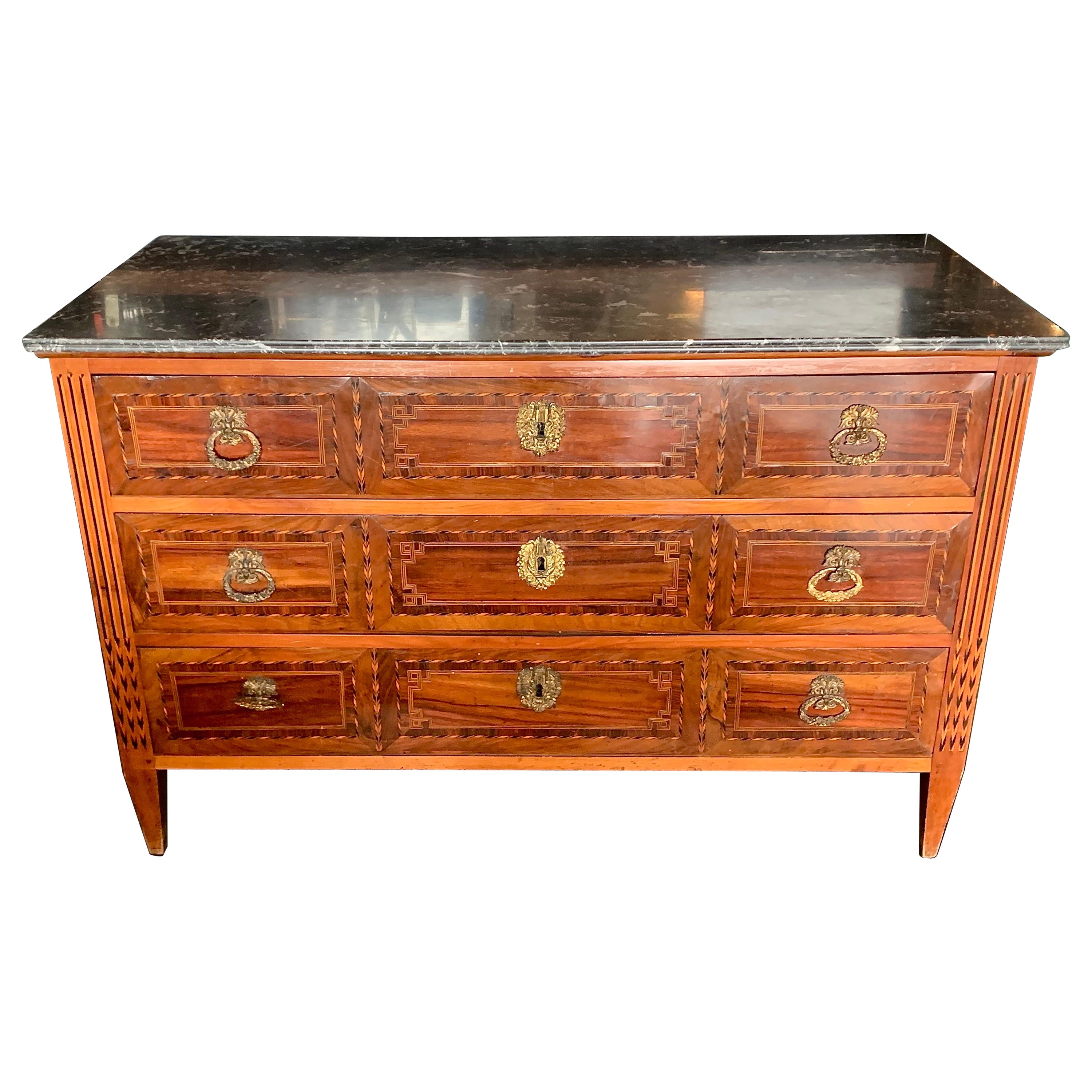 19th Century French Louis XVI Style Marquetry Walnut Commode Chest of Drawers