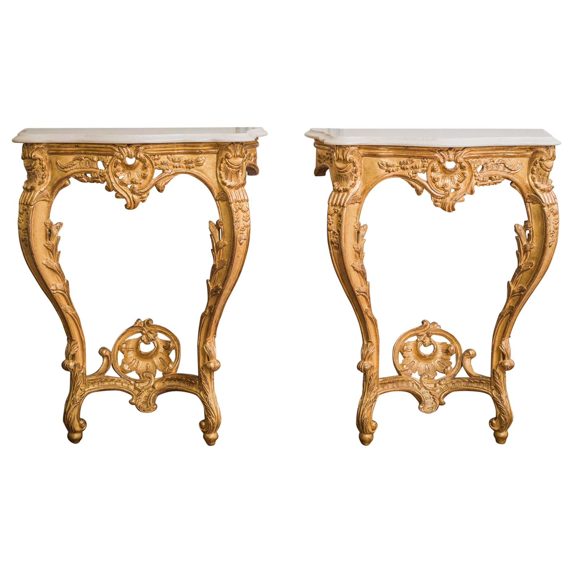 Pair of Hand Carved, Louis XV French Style Gilt Wood Consoles For Sale