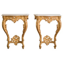 Pair of Hand Carved, Louis XV French Style Gilt Wood Consoles