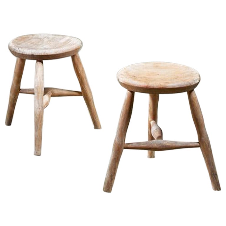 Pair of Tripod Stools in Light Oak For Sale