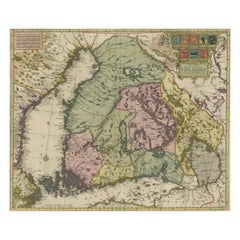 Antique Map of Finland with original coloring and gold highlights