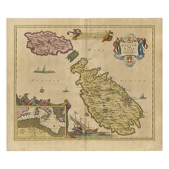 Antique Map of Malta and Gozo with Original Hand Coloring
