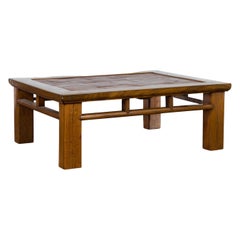 Late Qing Dynasty Wooden Coffee Table with Bamboo Top and Open Apron