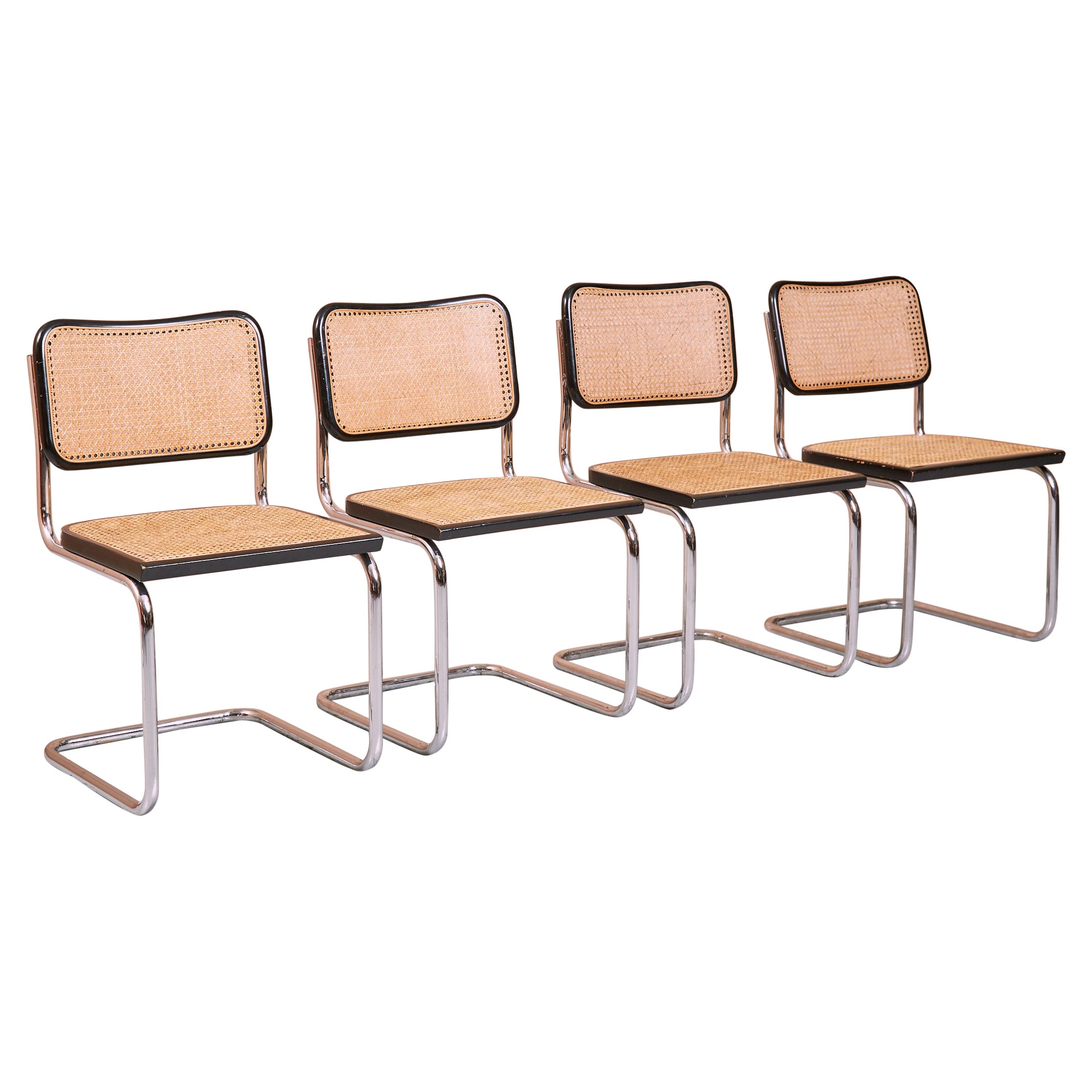 Set Of Four Vintage Marcel Breuer Cesca Chairs, Chrome And Rattan Cantilever