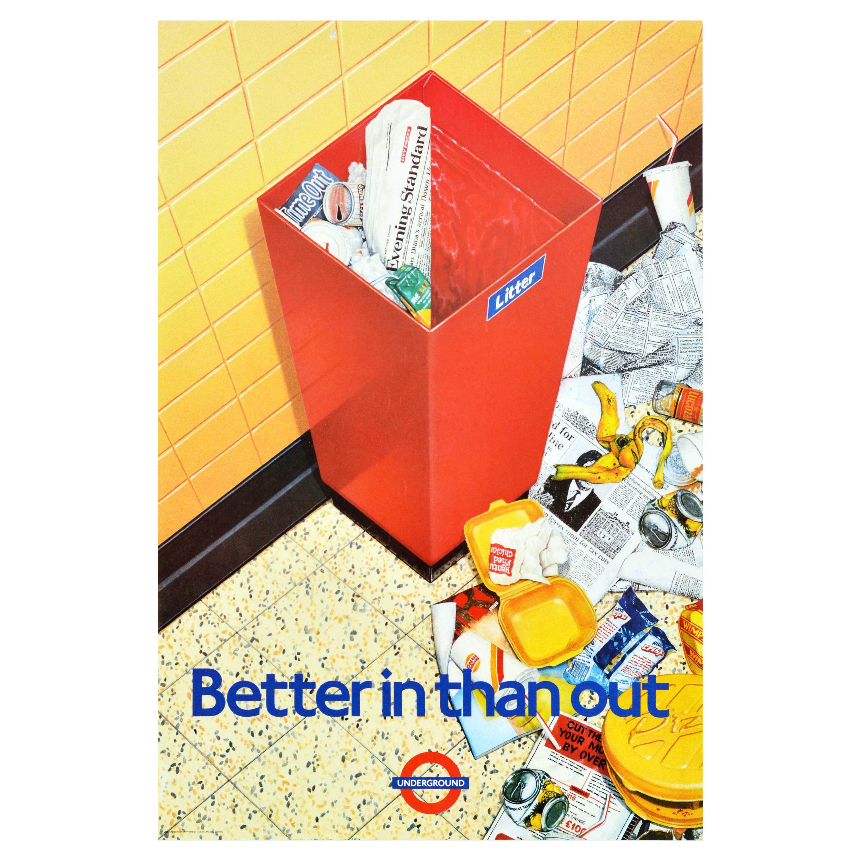 Original Vintage London Underground Poster Better In Than Out Litter Tube Design For Sale