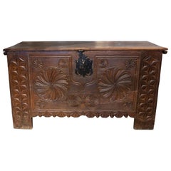19th Century Spanish Hand Carved Wooden Box with Round Geometric Shapes 