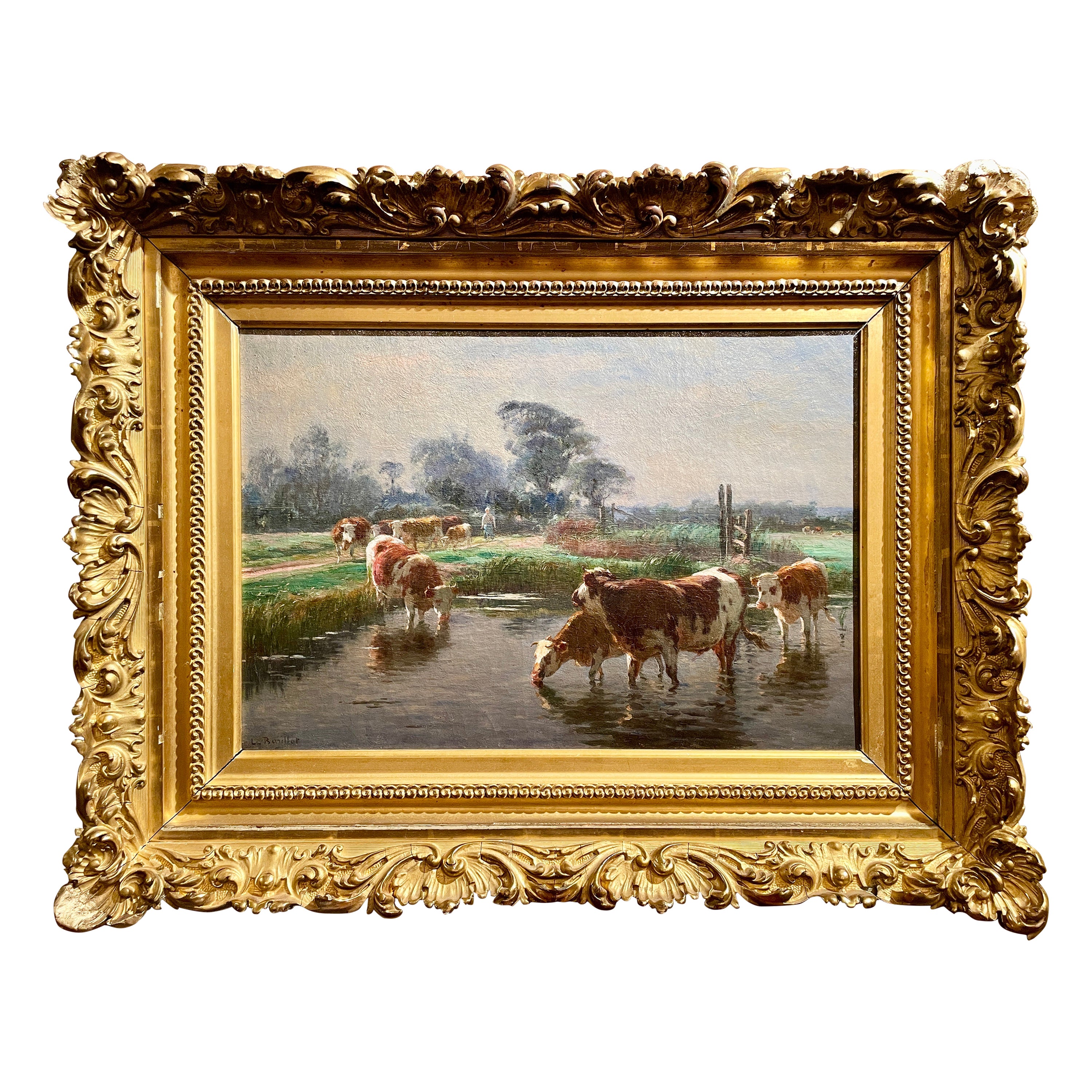 Ancienne peinture française de paysage à l'huile sur toile signée Léon Barillot, circa 1890