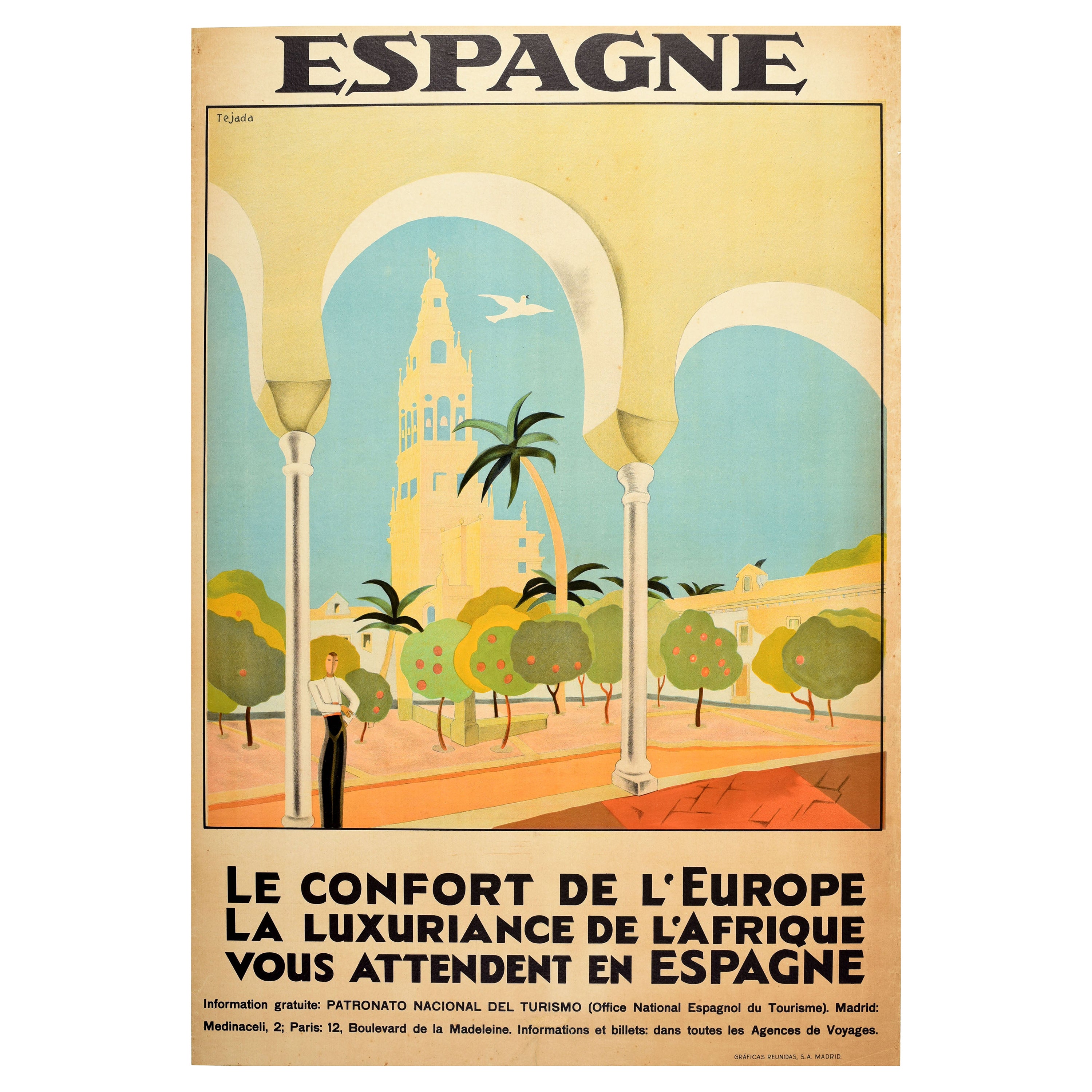 Original Vintage Travel Poster Espagne Art Déco Espagne Cordoba Mosque Cathedral en vente