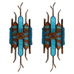 Pair of Hammered Glass Wrought Iron Sconces by Longobard, Italy, 1970s