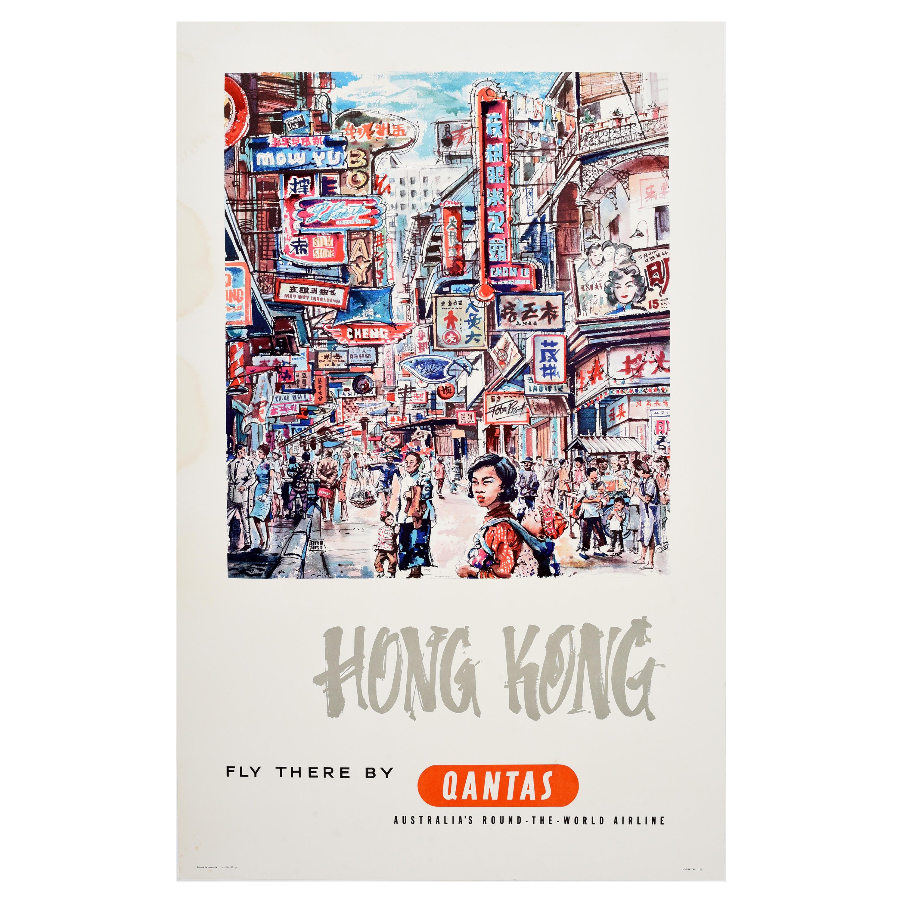 Original Vintage Travel Poster Hong Kong Qantas Harry Rogers Australian Airline For Sale