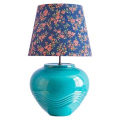 Vintage Ceramic Turquoise Glaze Table Lamp with Customized Shade, France, 1980