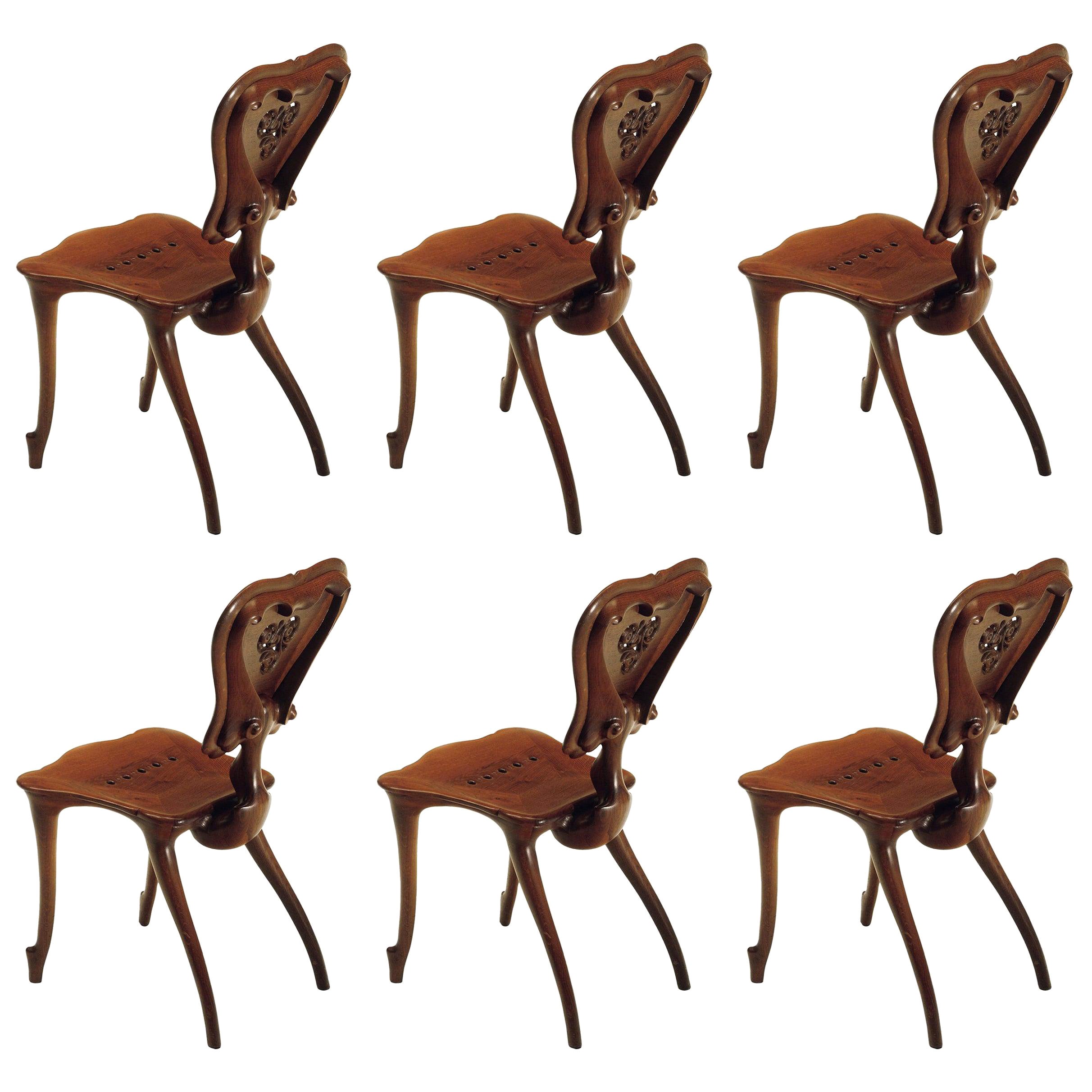 Set of Six Antoni Gaudi Calvet Chair in Solid Varnished Oak
